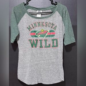 🧌NHL MN Wild Hockey Grey Heather Green sleeve T-shirt